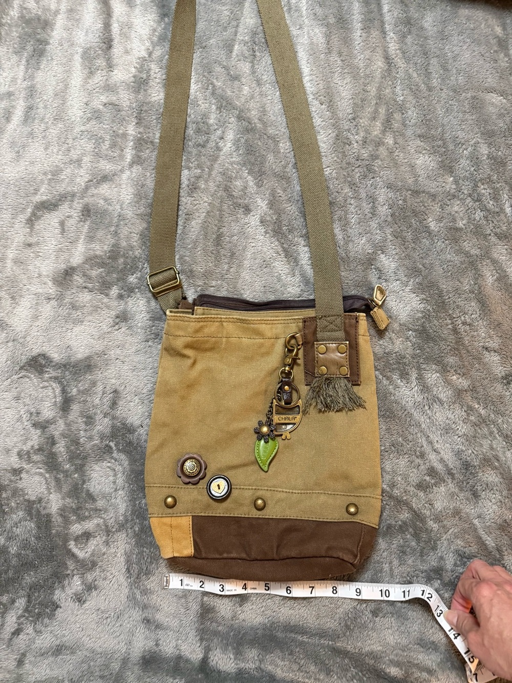 Chala Tan and Brown Canvas Crossbody with Charm Accents